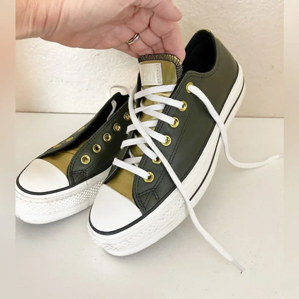 Converse Platform sneaker Low Women Sneakers Khaki and gold Leather Casual W8.5